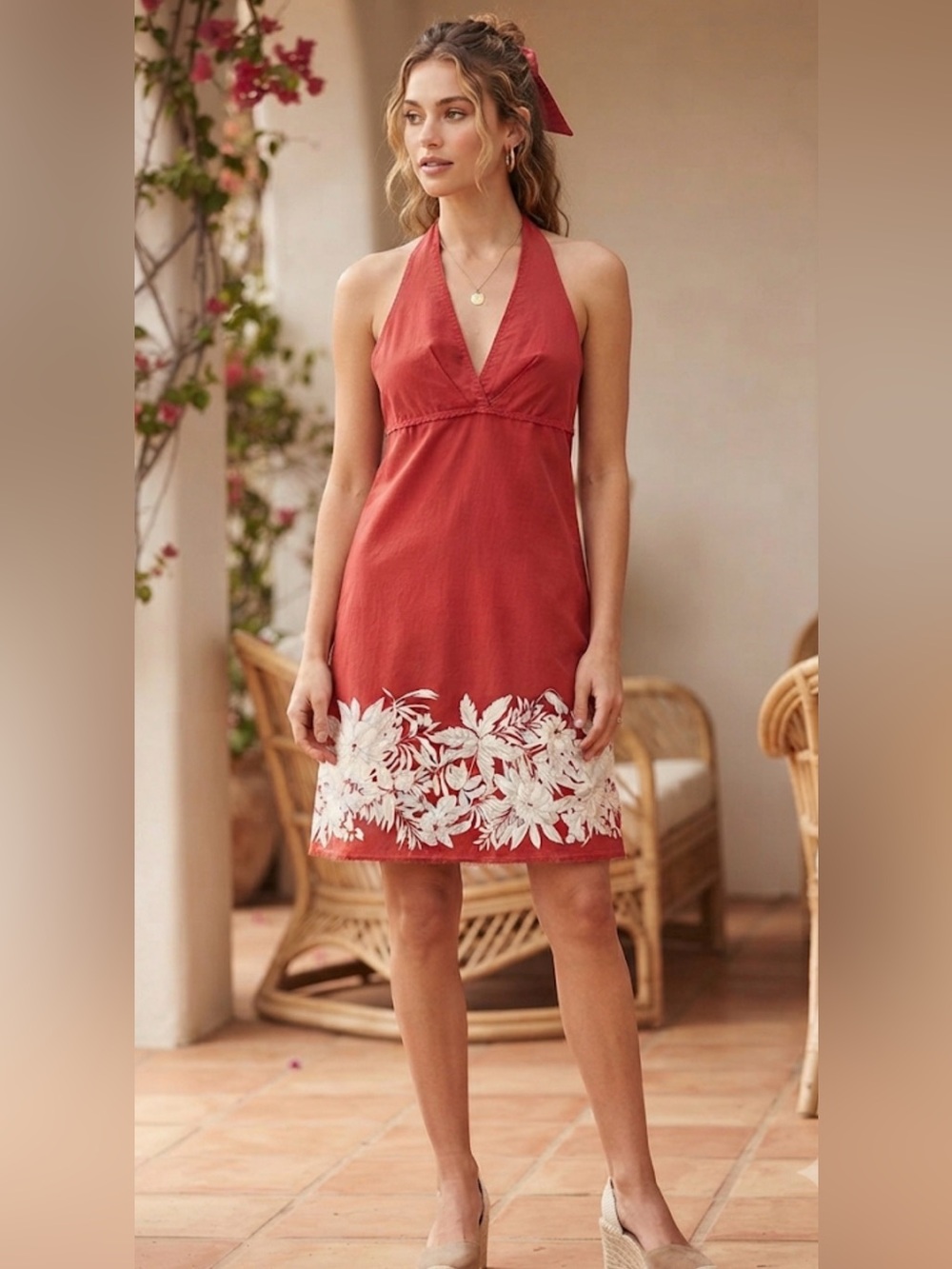 BCBGMaxAzria Red Cotton Dress  with Halter Neck